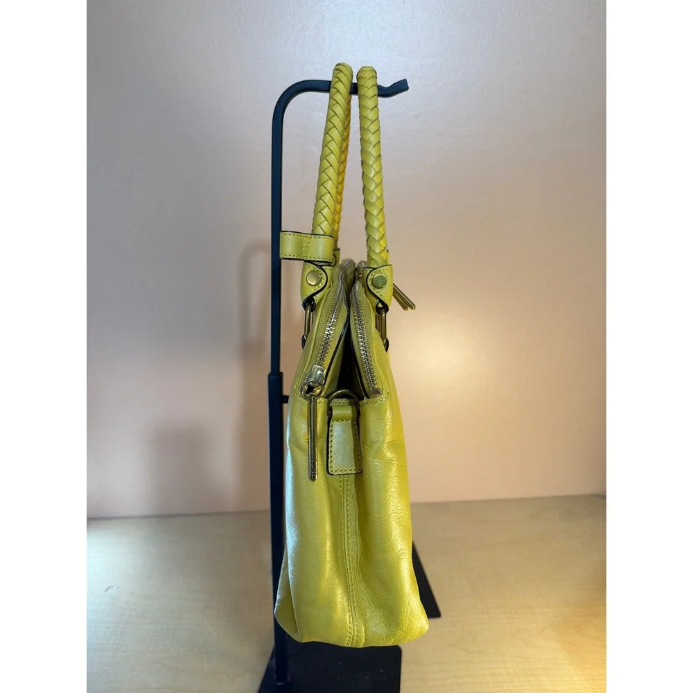 Elliott‎ Lucca Yellow Leather Satchel Bag Braided Handles Triple Compartment